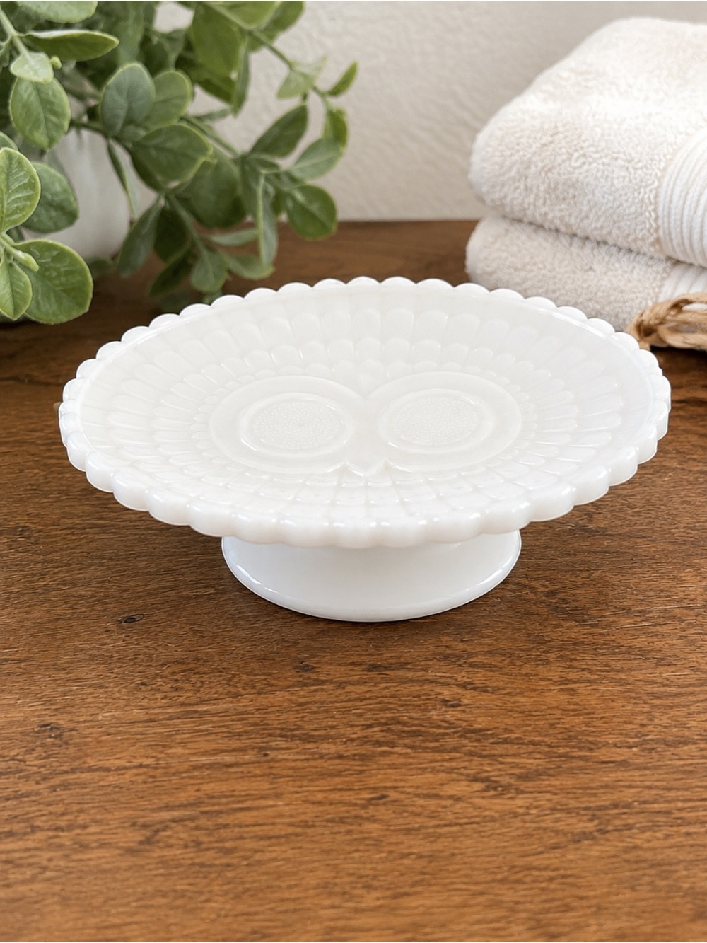Vintage Avon Milk Glass Footed Soap Dish with Owl Design White Pedestal